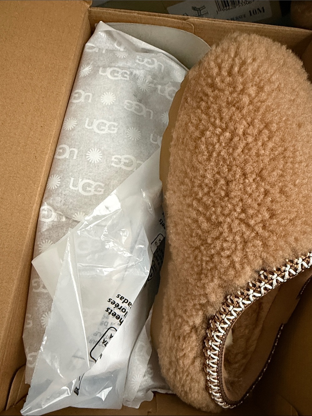 UGG Tan Shearling Braided-Trim Slip-On Slippers